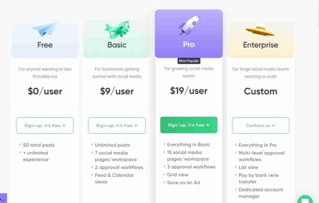 planable social media management tool pricing