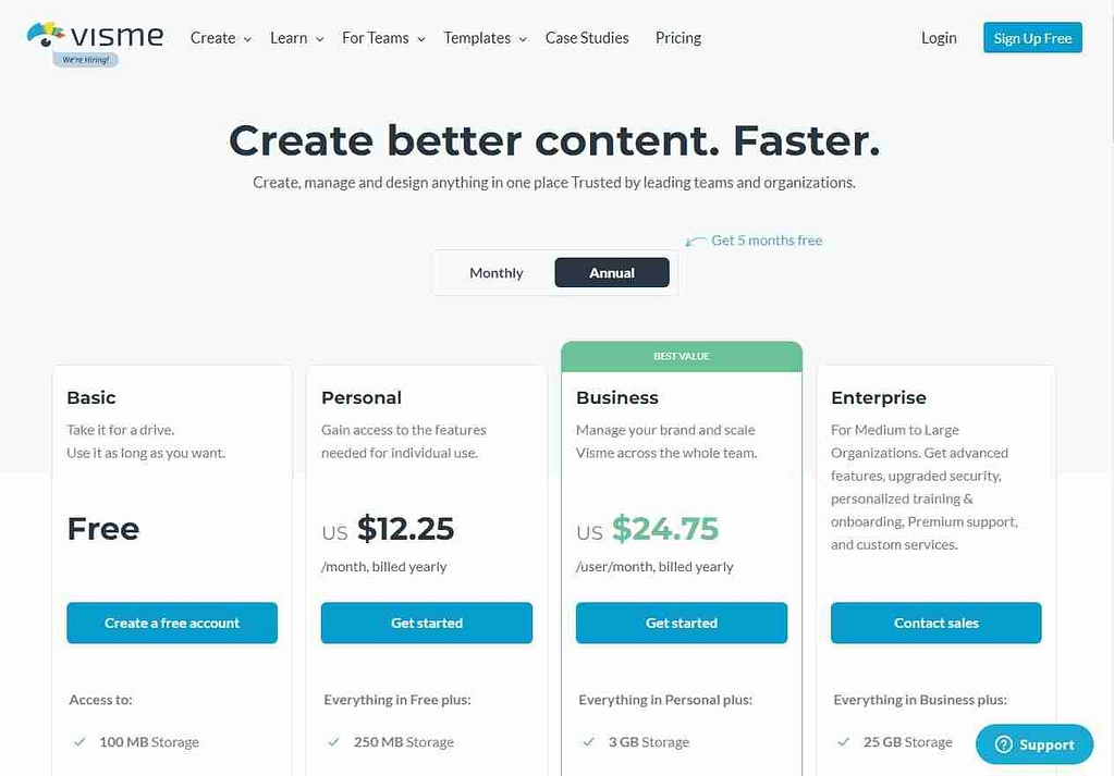 VISME FREE AND PAID PLANS