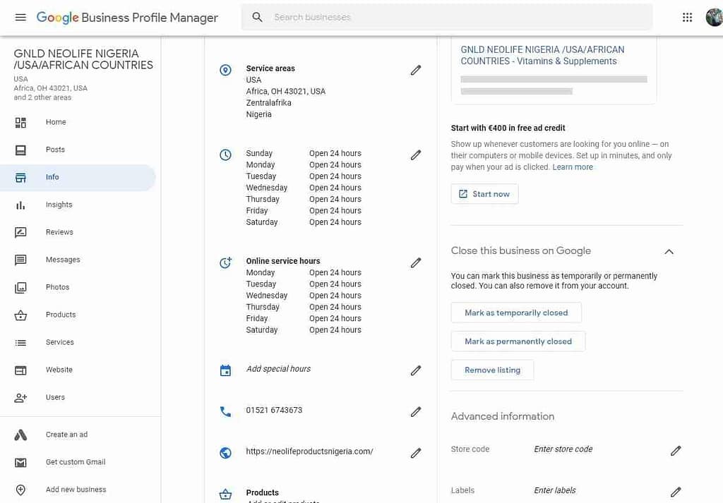 google my business info section